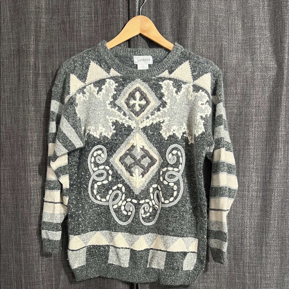 Santoria rabbit hair silk lambs wool blend sweater knit gray and off white